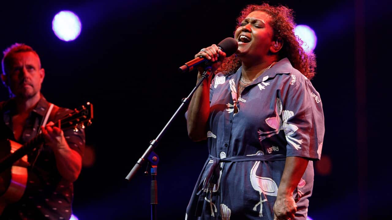 Singer Emma Donovan performs during The Vigil on the eve of Australia Day at Barangaroo Reserve, Sydney, Monday, January 25, 2021.