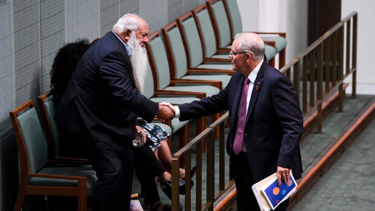 Prime Minister Scott Morrison shakes hands with Labor Senator Pat Dodson as he delivers the Closing the Gap report earlier this year.