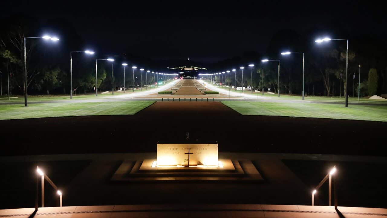 The Stone of Remembrance and the empty forecourt ahead of the Anzac Day commemorative service at the Australian War Memorial in Canberra.