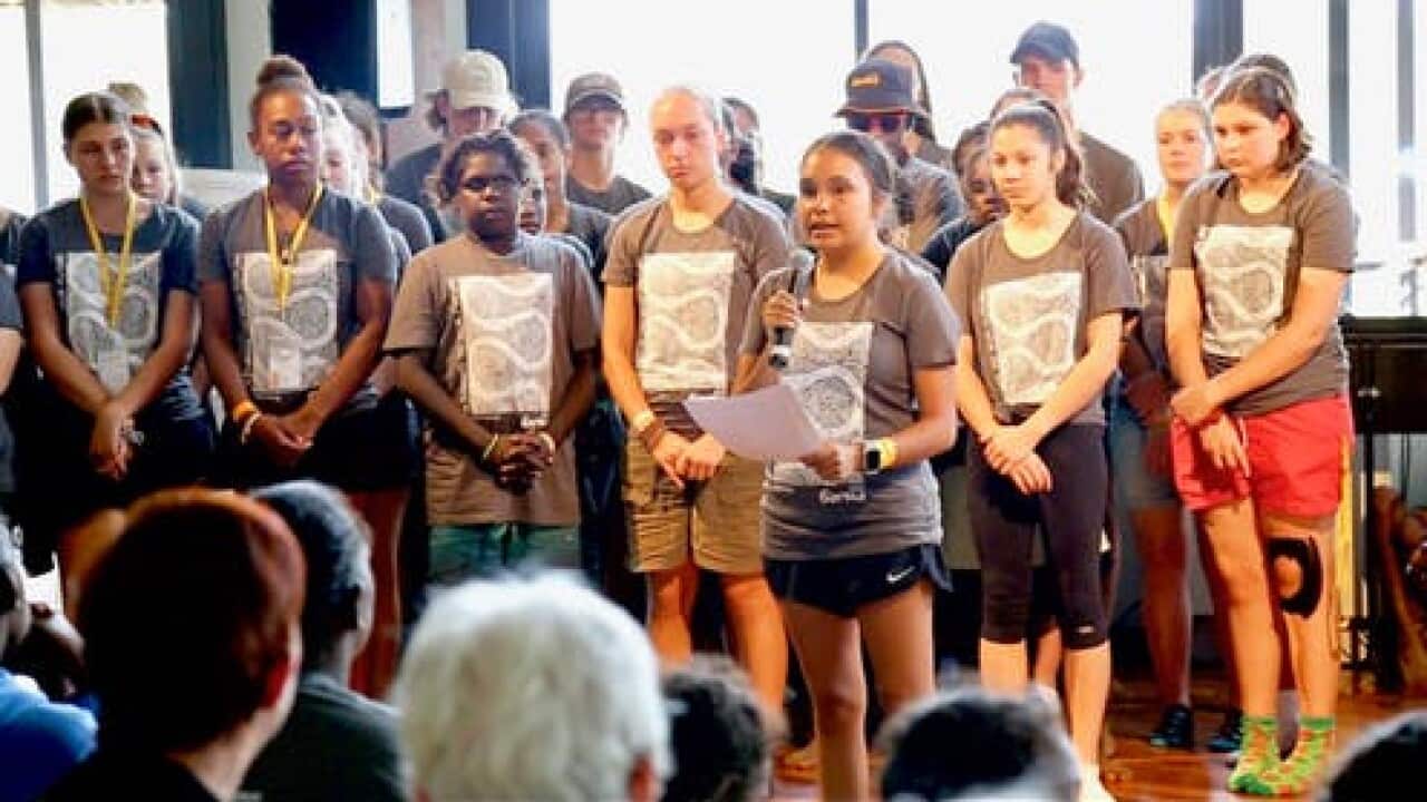 Siena Stubbs, 17, from Yirrkala in East Arnhem Shire reads the Imagination Declaration on behalf of a group of Indigenous and non-Indigenous students.