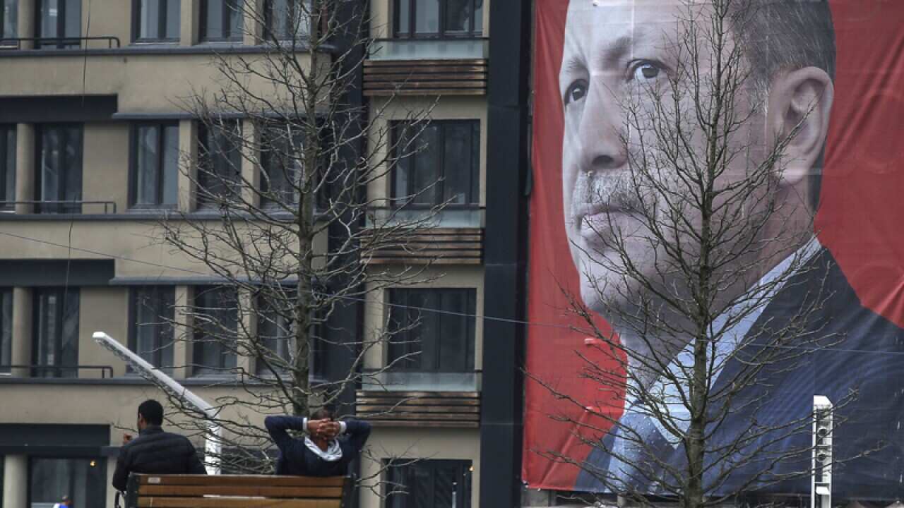 A billboard with an image of Turkey's President Recep Tayyip