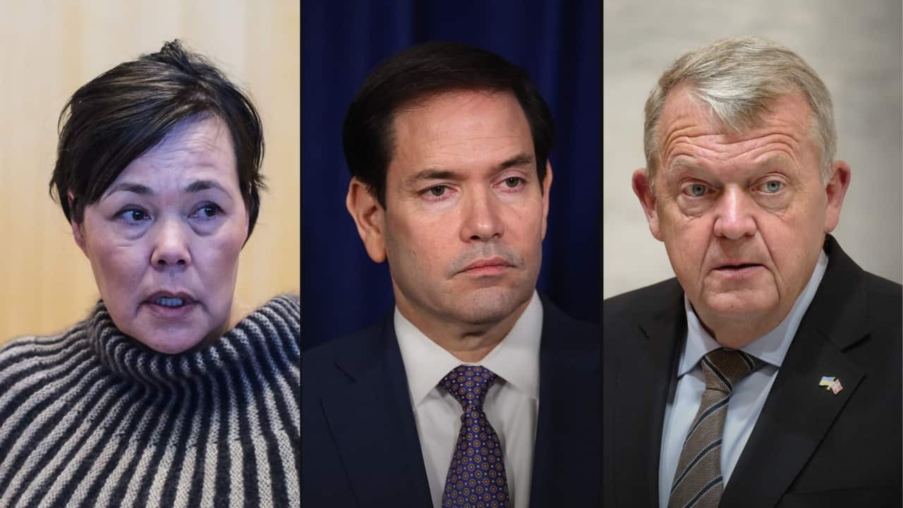 A composite image of a woman and two men in suits.