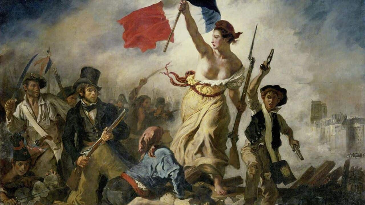 The original painting by Eugene Delacroix, called Liberty Leading the people, which was painted in 1830.