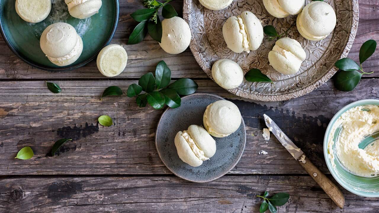 Matcha and coconut meringues