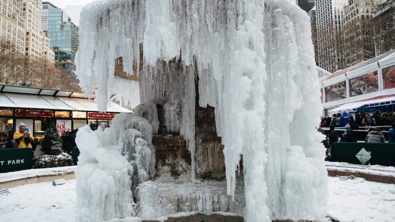 A frozen fountain in Bryant Park in New York.