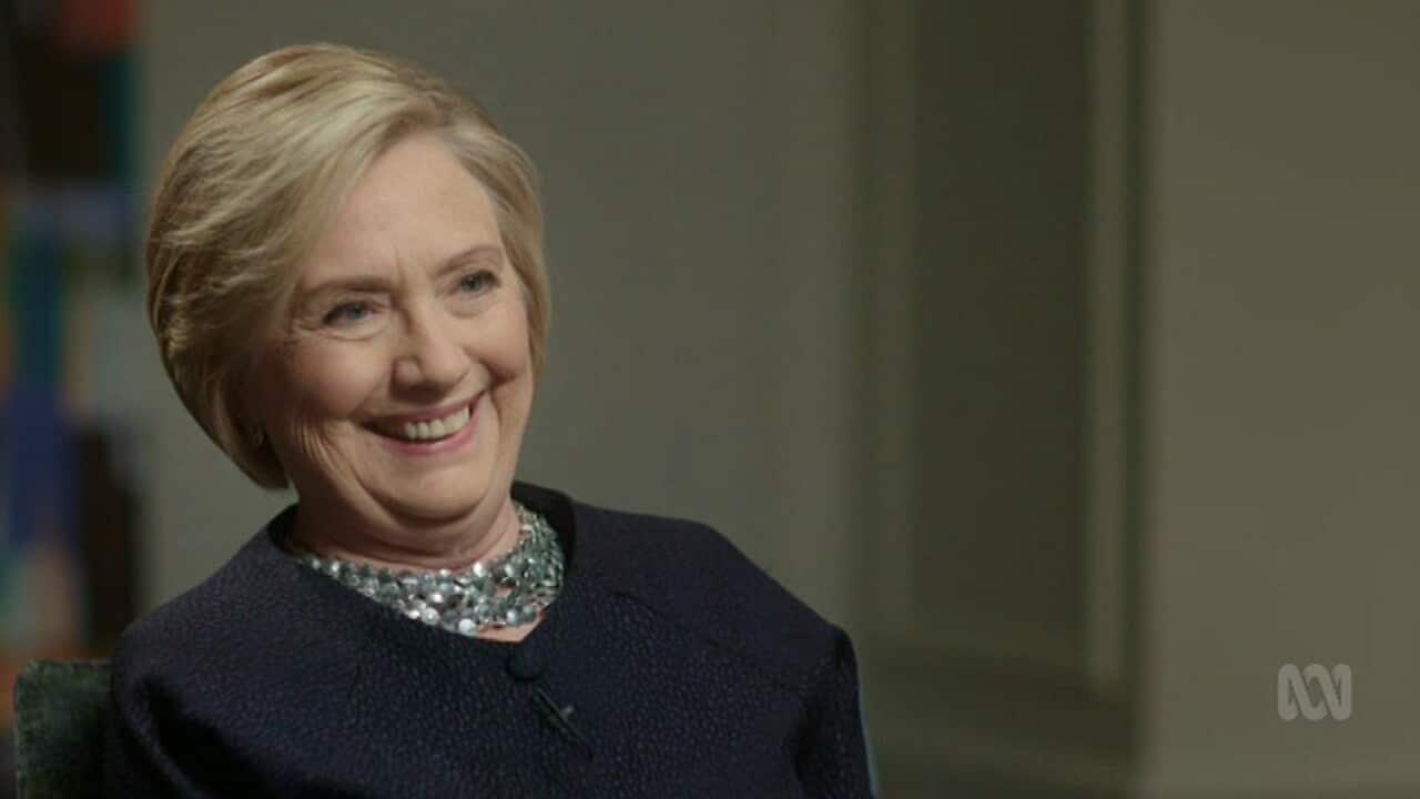 A screenshot obtained Monday, October 16, 2017 of Hillary Rodham Clinton speaking during an interview with Four Corners journalist Sarah Ferguson in New York.