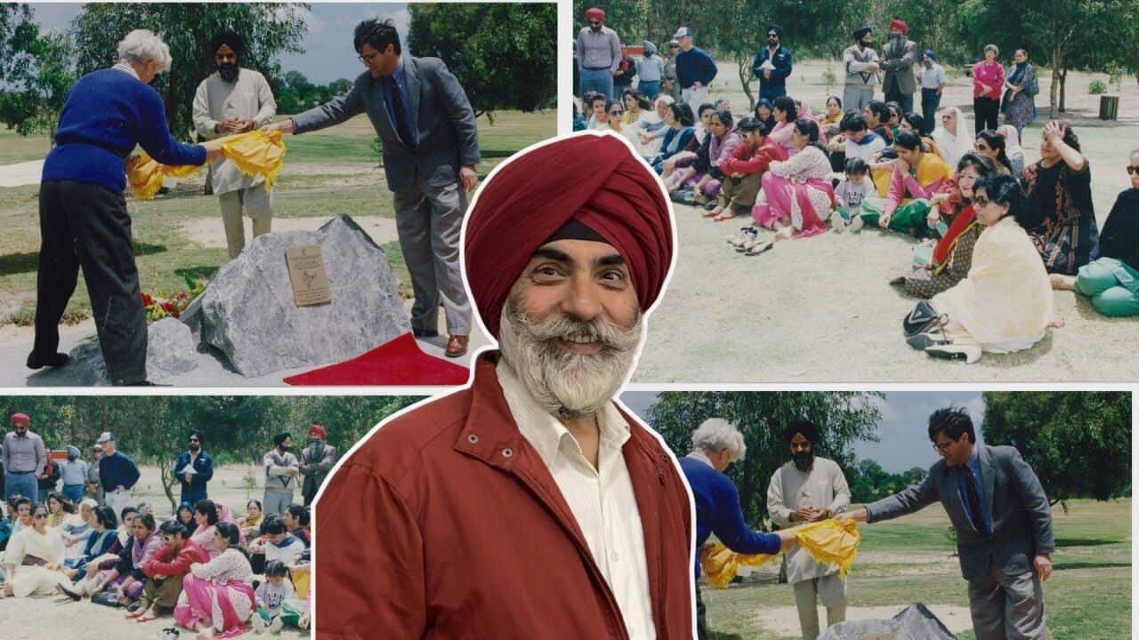 A collage of images showing Sikhs celebrating at Revirton in Western Australia with Tarunpreet Singh's image super imposed on the collage.