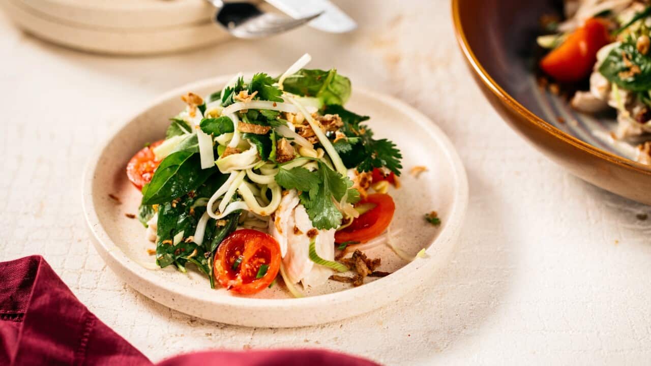 Poached chicken with green mango salad