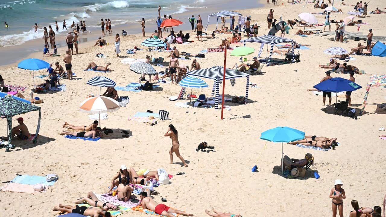 People on a beach. Some are seated and lounging on the sand, others are in the water.