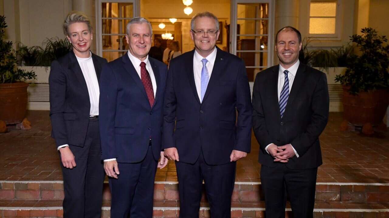 Minister for Sport Bridget McKenzie, Deputy Prime Minister Michael McCormack, Prime Minister Scott Morrison and Deputy Liberal leader Josh Frydenberg
