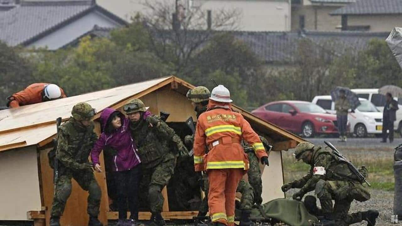Japan's civil defence force during an emergency drill against a ballistic missile from North Korea.