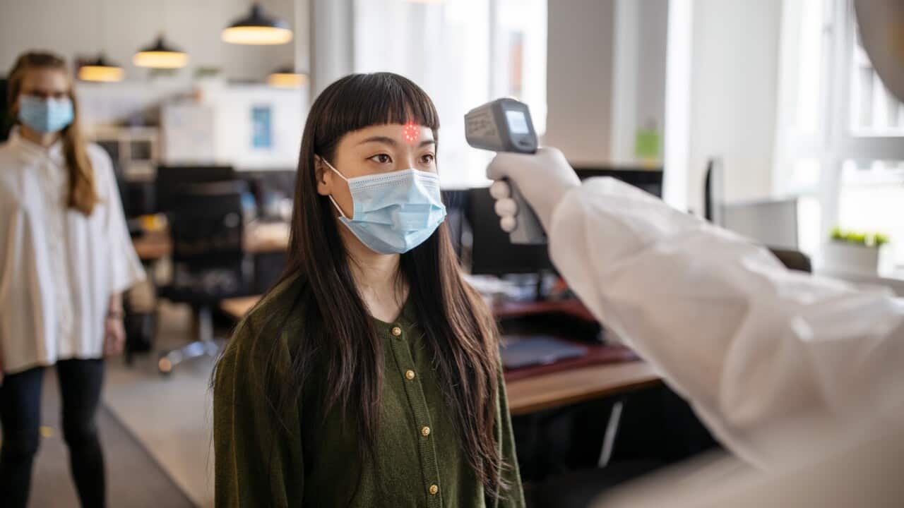 Employees going through mandatory temperature checks in office
