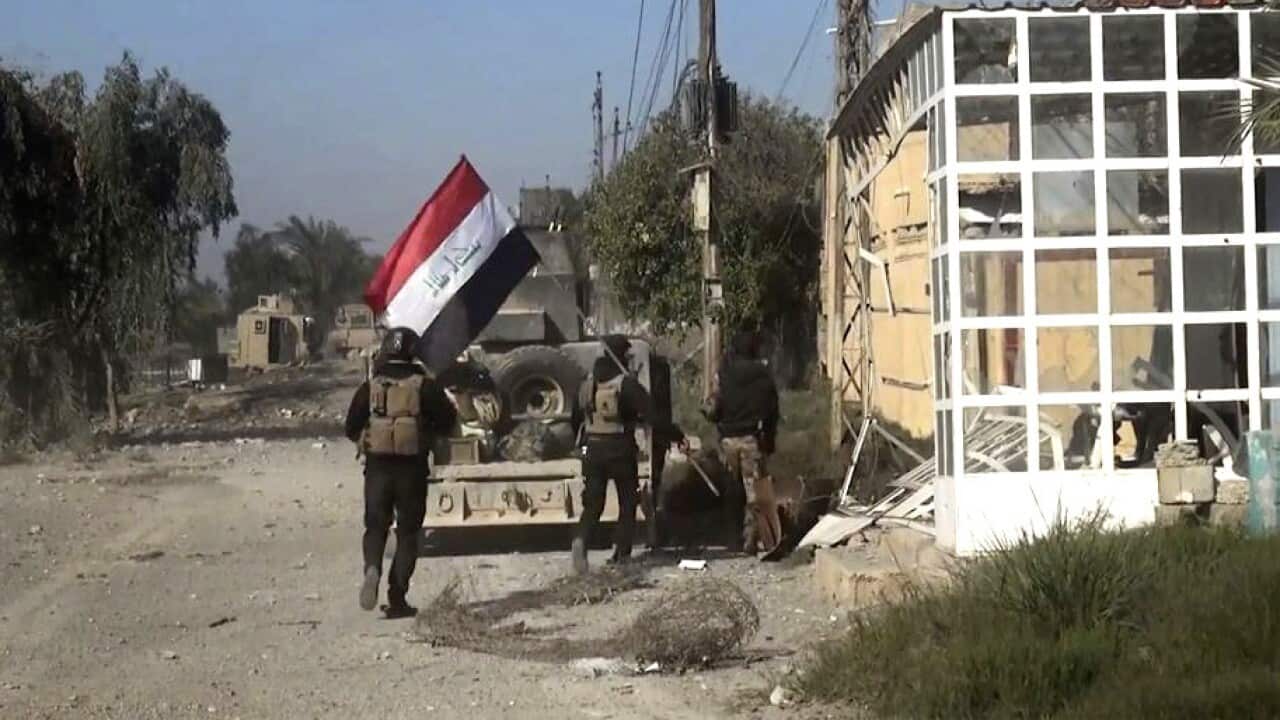Iraqi security forces hold a national flag as they enter the southern neighborhoods of Ramadi.