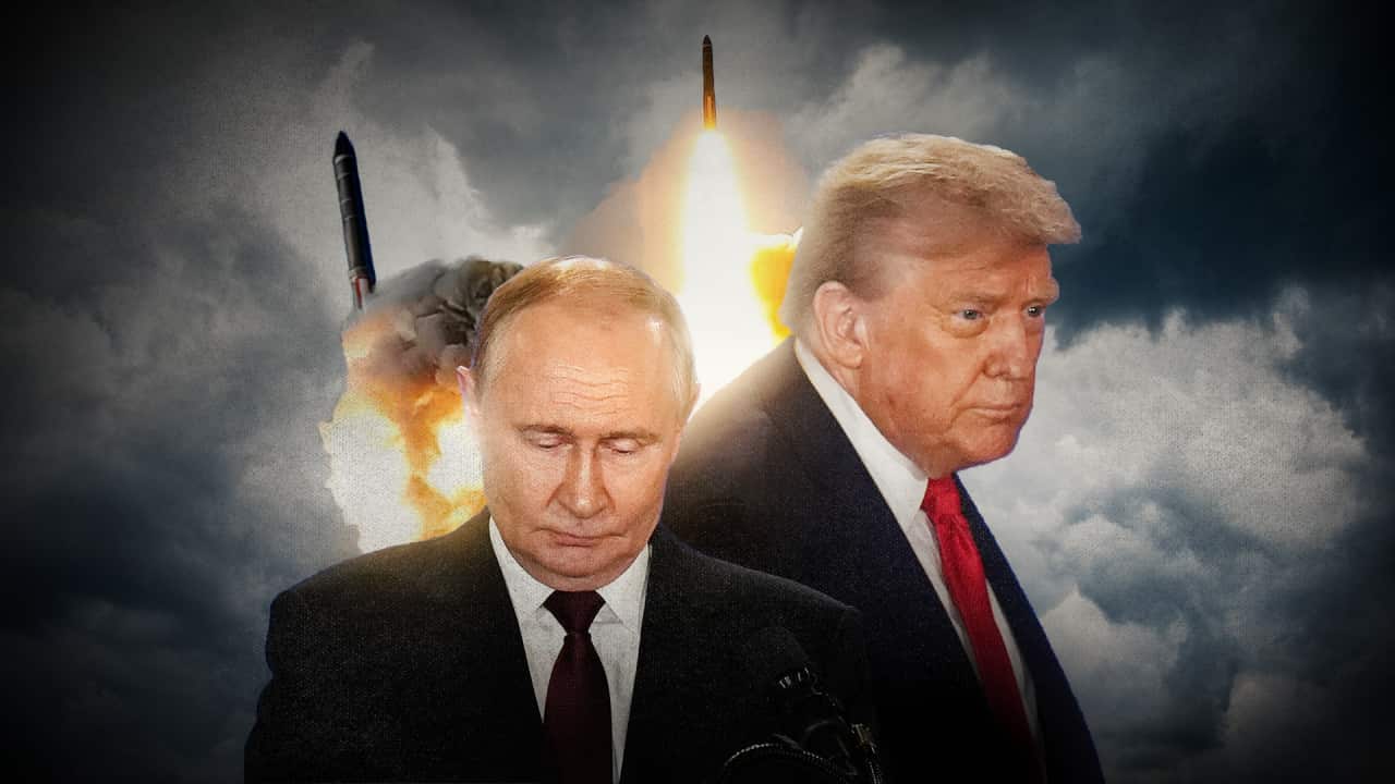 Composite image of Vladimir Putin and Donald Trump standing back-to-back, with missiles launching and explosions in a stormy sky behind them.