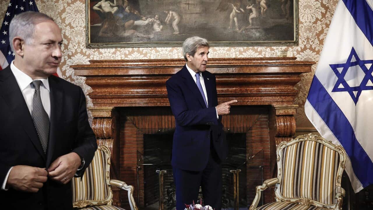 A file picture dated 27 June 2016 shows US Secretary of State John Kerry (R) with Prime Minister of Israel Benjamin Netanyahu (L).