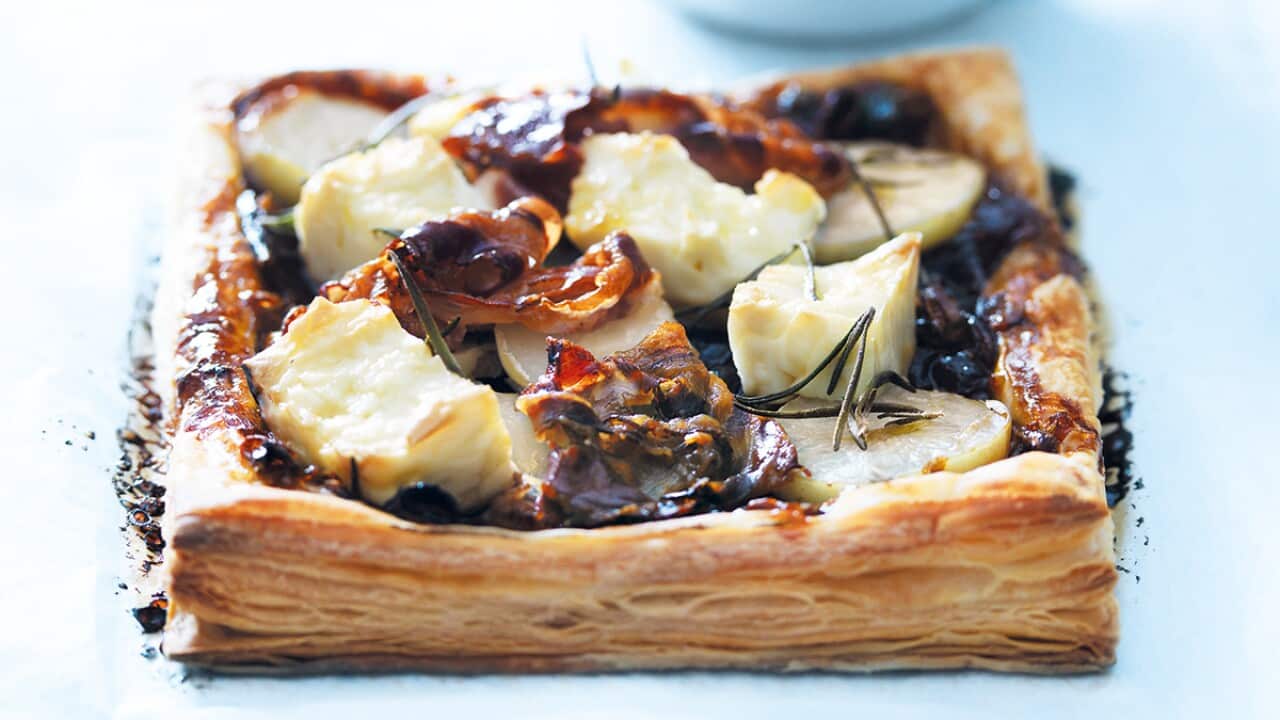 Caramelised onion, potato and feta tart