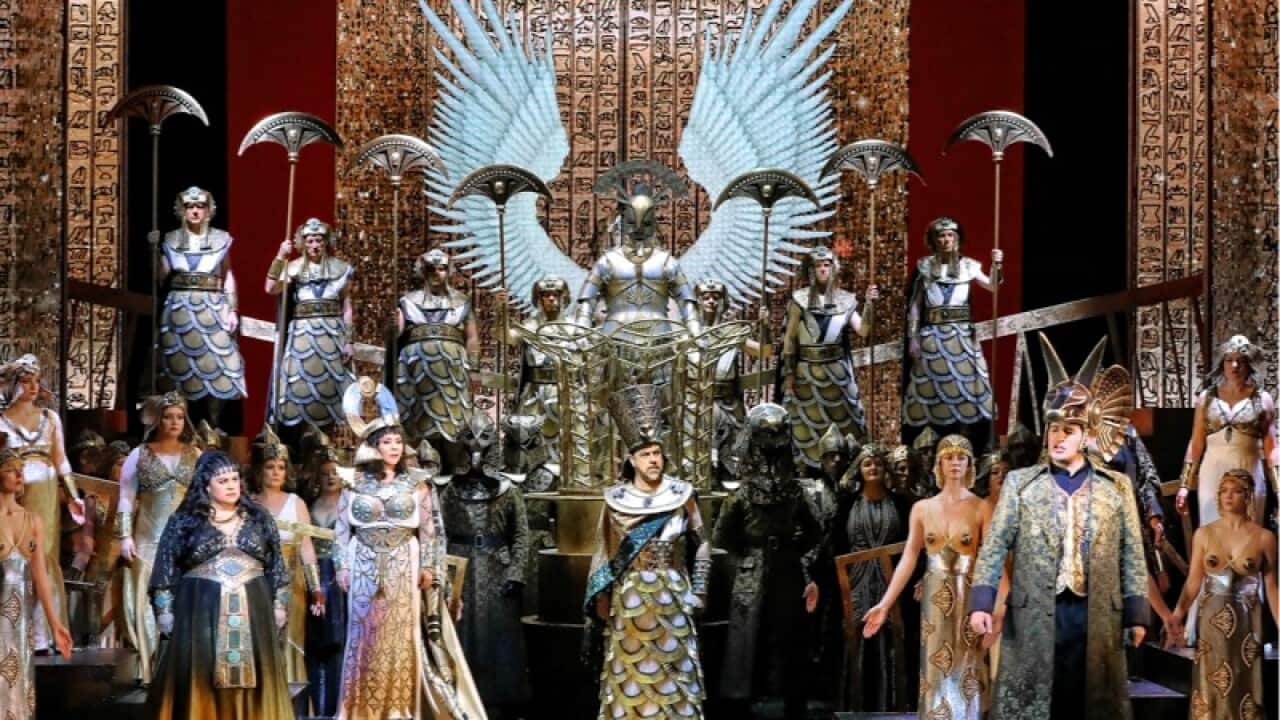 Amber Wagner as Aida, Elena Gabouri as Amneris, Roberto Scandiuzzi as Ramfis, and Riccardo Massi as Radamès in Aida at the Sydney Opera House, 2018. Photo: Prudence Upton