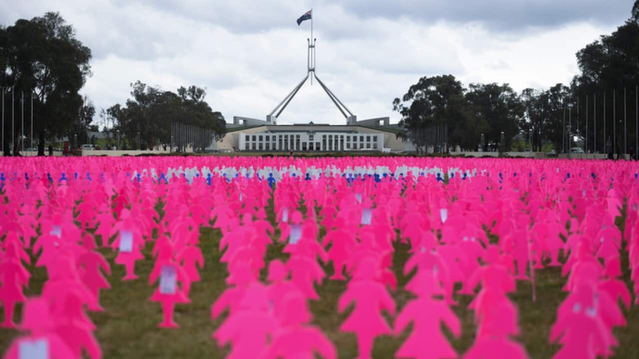 A breast cancer memorial outside Parliament House in Canberra