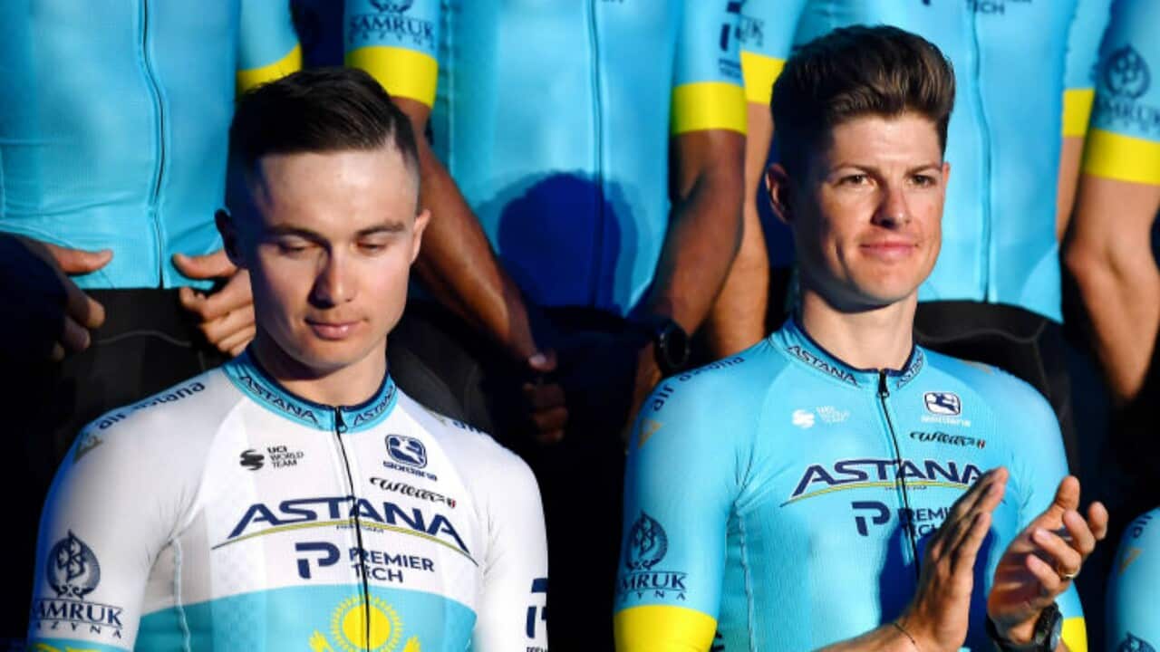 Alexey Lutsenko (L) and Jakob Fuglsang (R) at the 2020 Astana team presentation