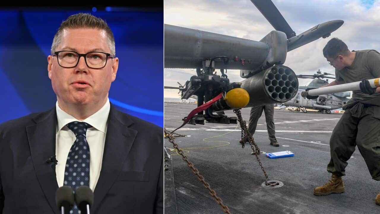 Man in a suit and a separate picture of soldiers loading weaponry