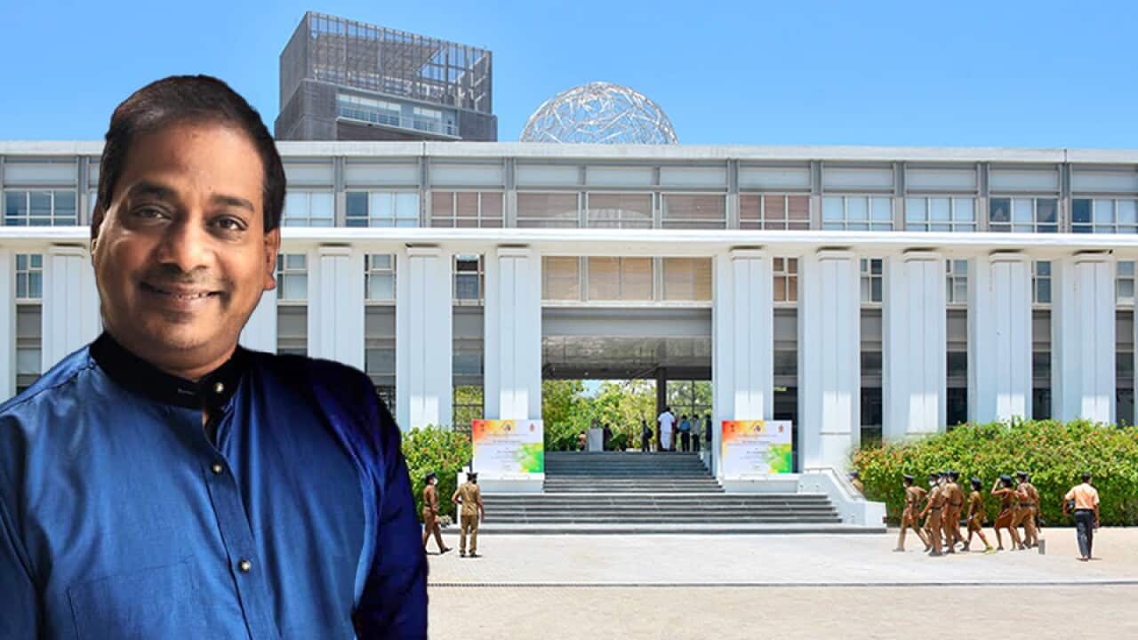 Arvind Kumaraswamy, Director of Apsaras Arts Dance Company. The Jaffna Cultural Centre in the background.