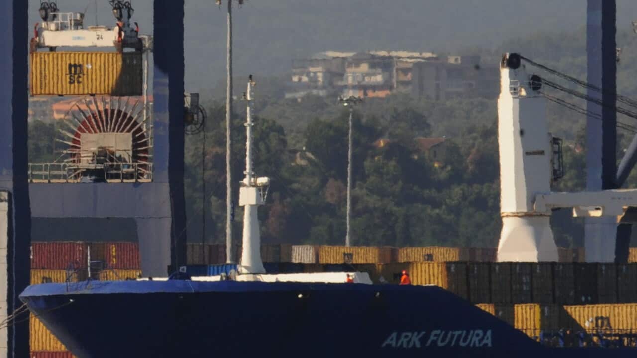 Containers of Syrian chemical weapons are transferred from a Danish freighter to a US military ship ahead of their destruction at sea getty.jpg