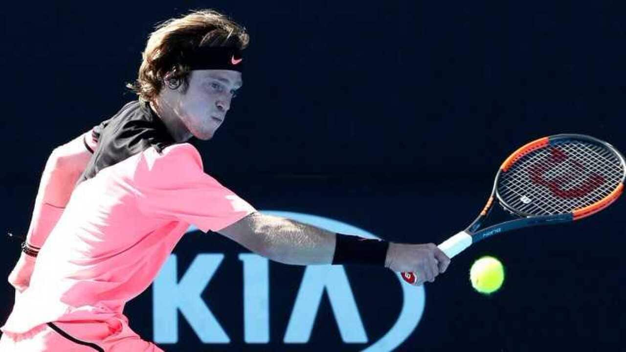 Andrey Rublev of Russia in action during his first round match against David Ferrer of Spain