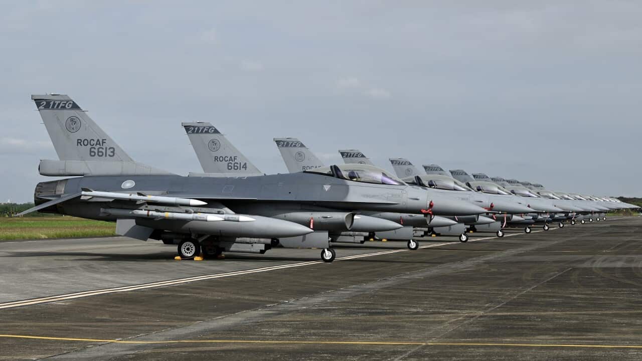 US-made F-16 V fighters at the Chiayi Air Force in Taiwan