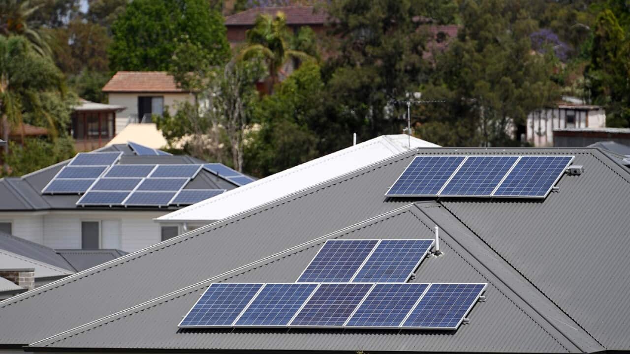Solar panels are seen on the rooftops of houses in The Ponds, north west of Sydney, Tuesday, October 17, 2017. (AAP Image/Dan Himbrechts) NO ARCHIVING