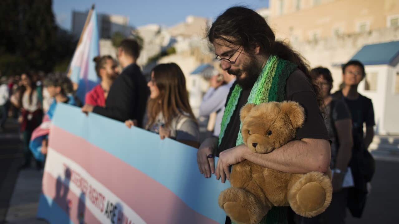 Protesters gather outside Parliament in support of a gender identity bill, currently being debated by lawmakers, in central Athens.