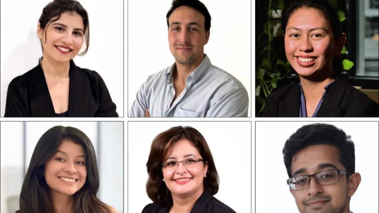 From top left: Hilal Karamise (Turkey), Franco Cima (Argentina), Aleza Orcine (Philippines), Alejandra Martin (Colombia), their mentor Dr Arezou PourMirza and Saif Jeon (Bangladesh).