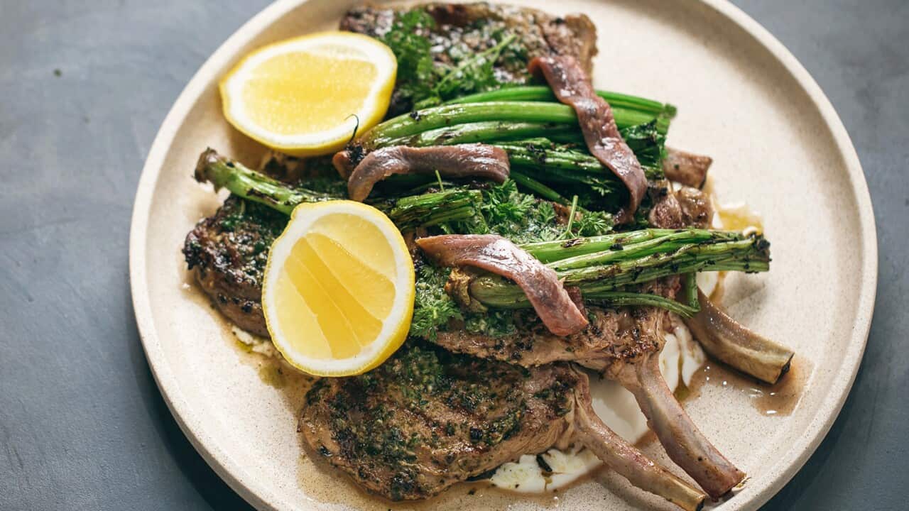 Lamb cutlets with anchovies and greens