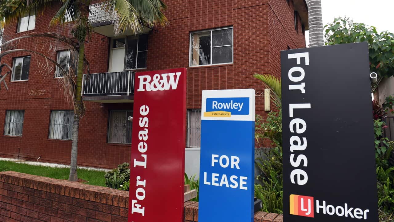 A street-level photo showing three large 'For Lease' signs standing in front of a two-story red-brick apartment building on a cloudy day. The signs are tall, rectangular vertical banners belonging to different real estate agents.