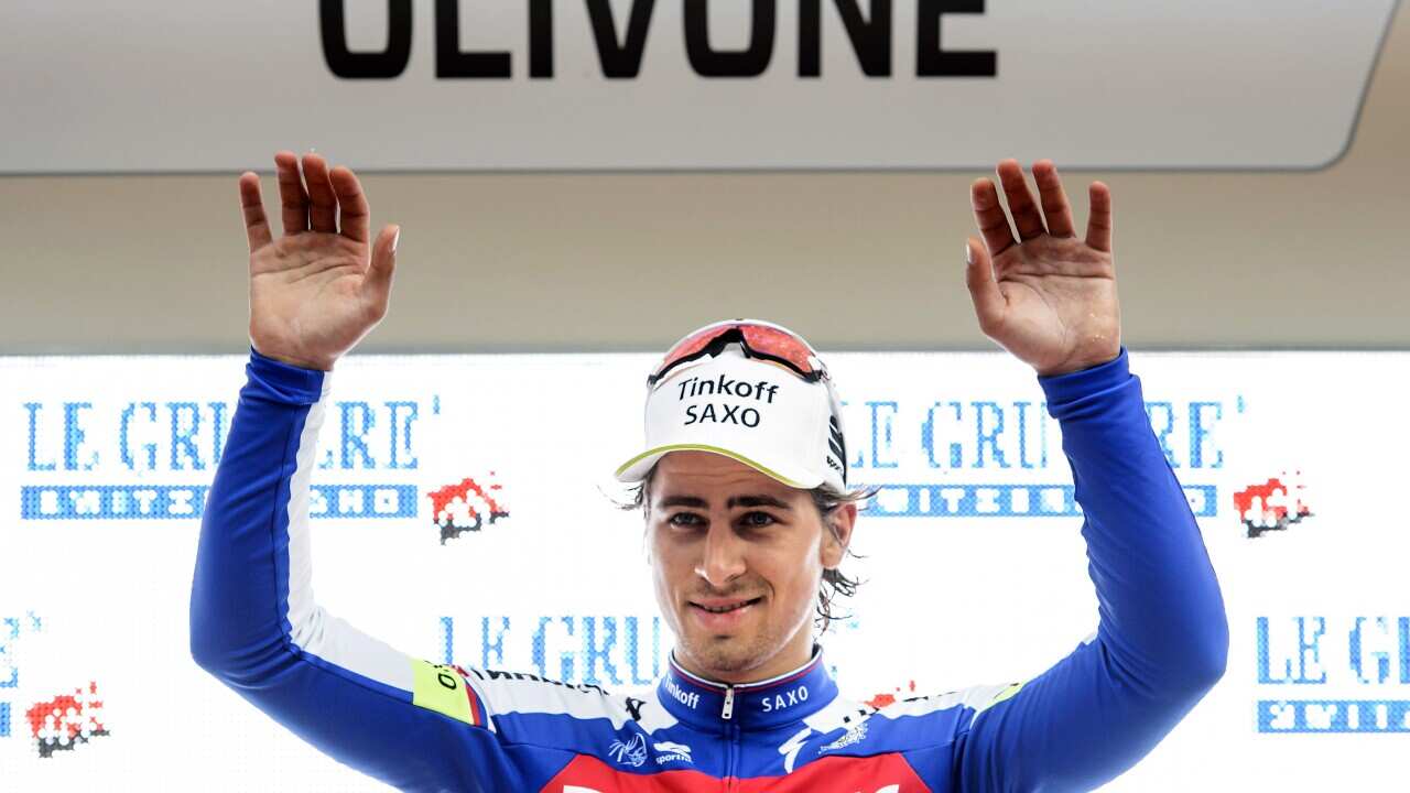 Slovakia's Peter Sagan of team Tinkoff-Saxo, celebrates on the podium after winning the 3rd stage of the Tour de Suisse.