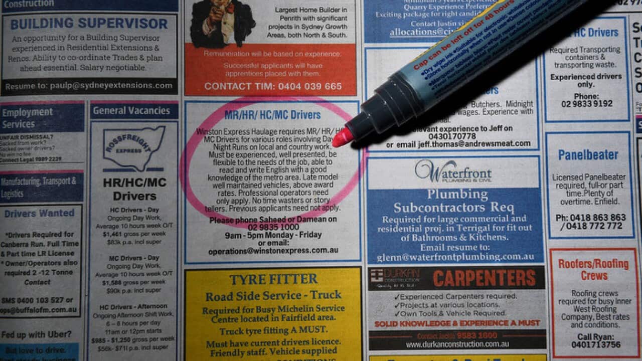 A general view of job classified advertisements in Sydney, Thursday, March 16, 2017.