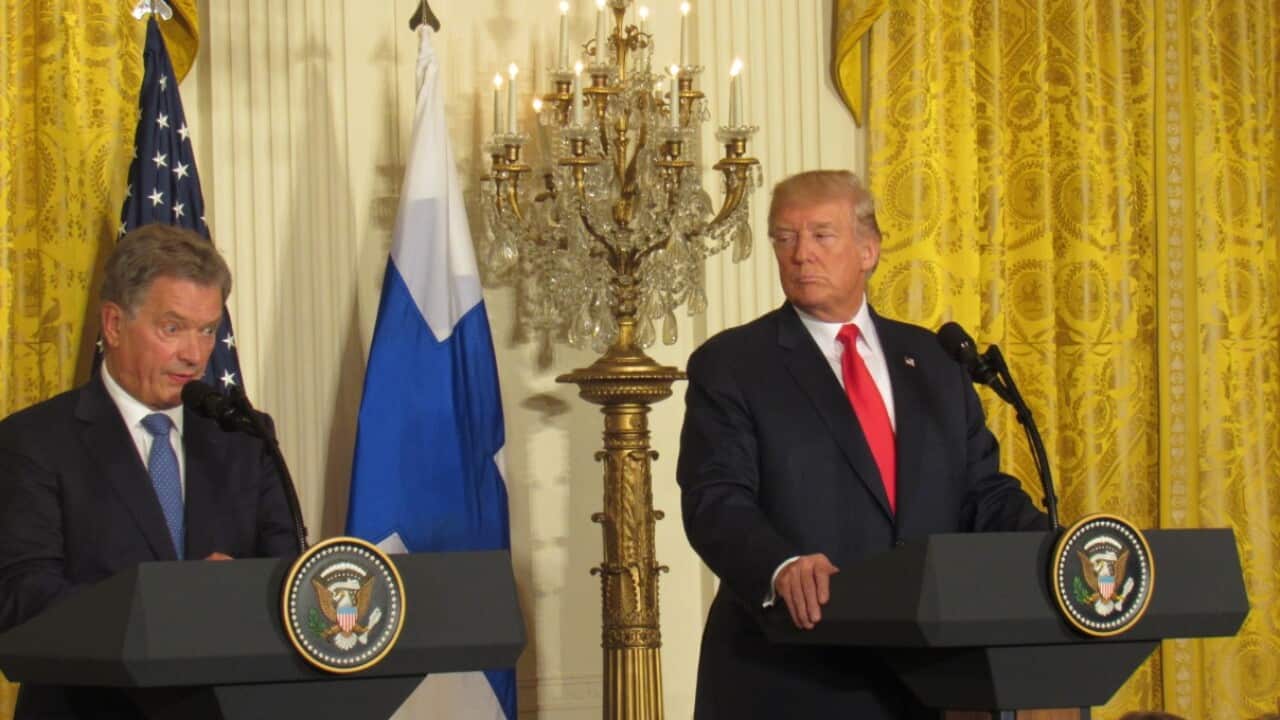 President Donald Trump (R) and President Sauli Niinisto (L) of Finland participate in a joint news conference at the East Room of the White House
