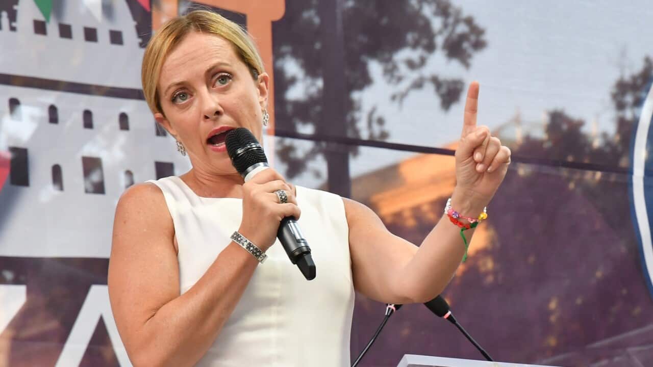 Rome, Giorgia Meloni during her speech at the Brothers of Italy demonstration in Piazza Vittorio in Rome