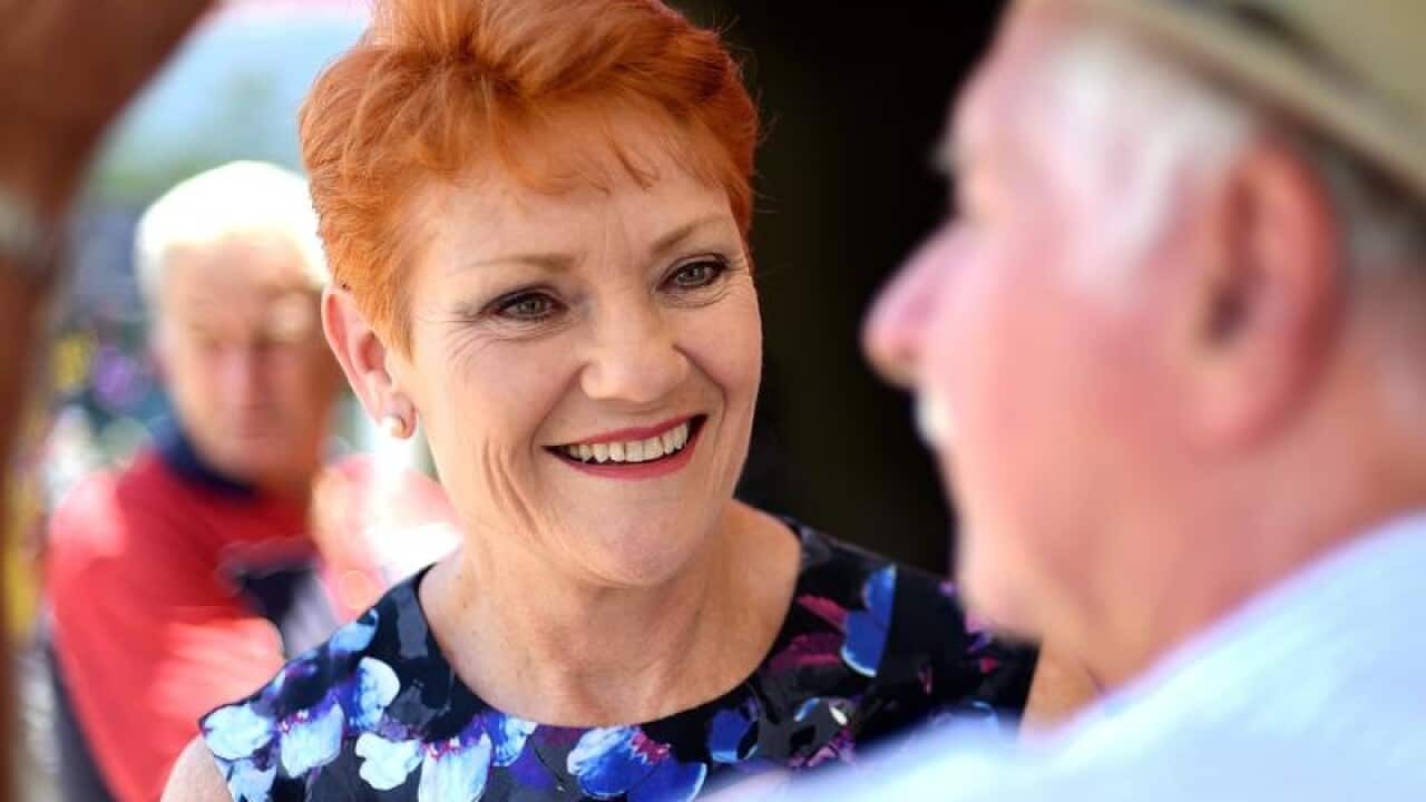 One Nation leader Pauline Hanson speaks to locals