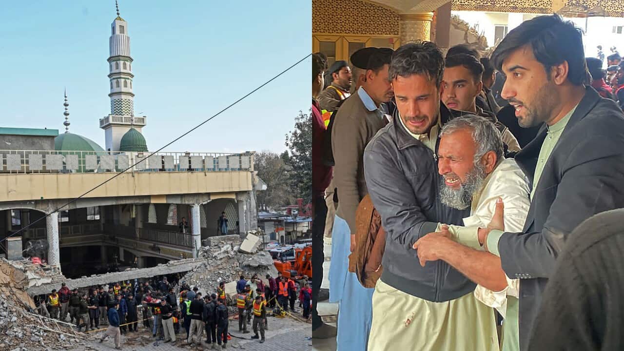 Split image of rubble and a man crying.