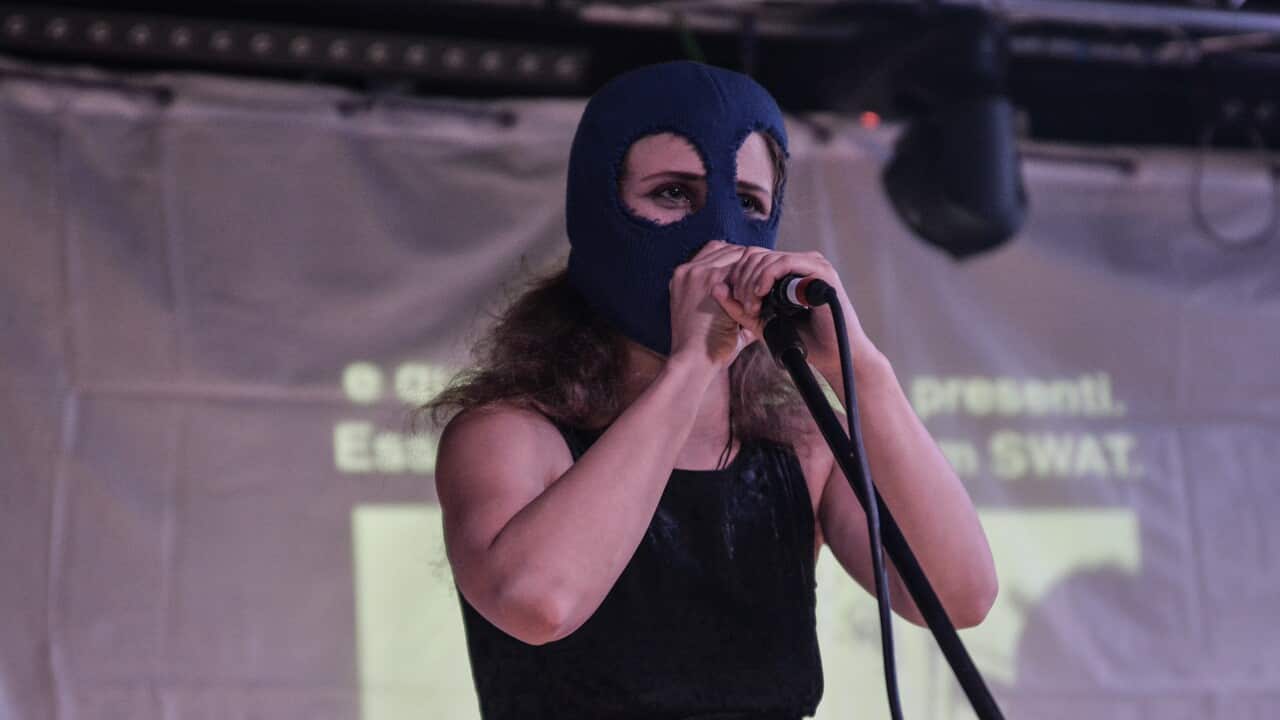 Maria Alyokhina, author, singer and political activist, during a live show in Milan, Italy on 13 February, 2019. 
