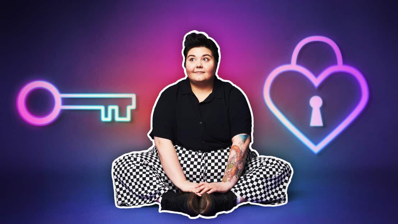 A stylised illustration of a person wearing a black top and patterned pants, seated on the floor with the soles of her feet pressed together and her hands resting on them. Behind her, a heart-shaped lock and key are featured.