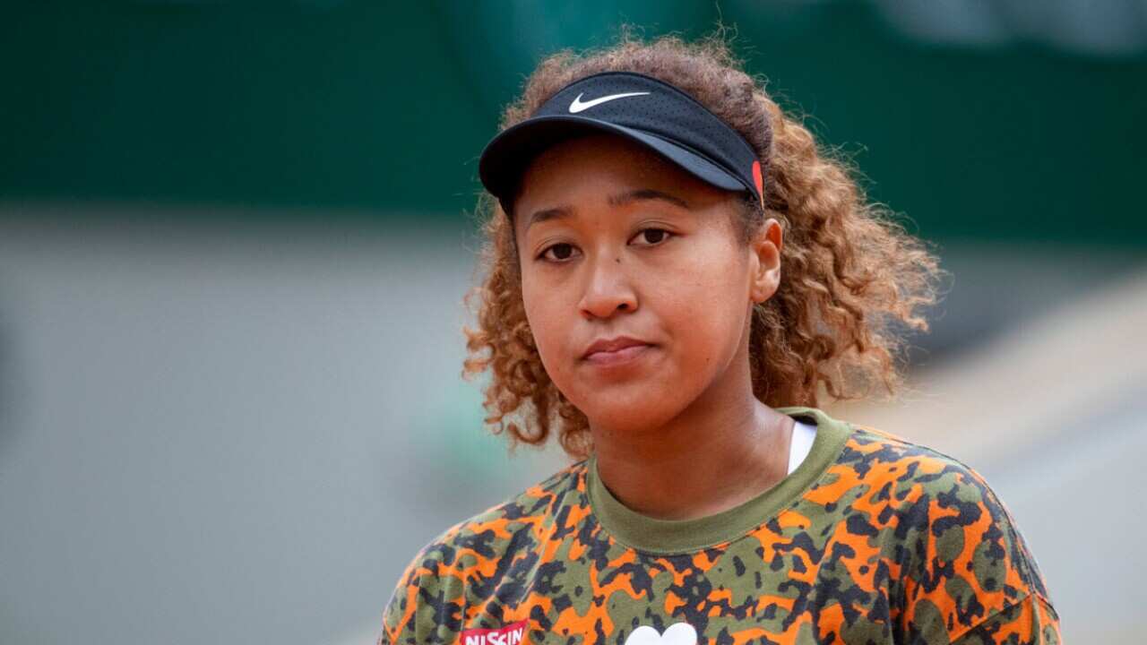 Naomi Osaka during a practice match against Ashleigh Barty in preparation for the 2021 French Open.