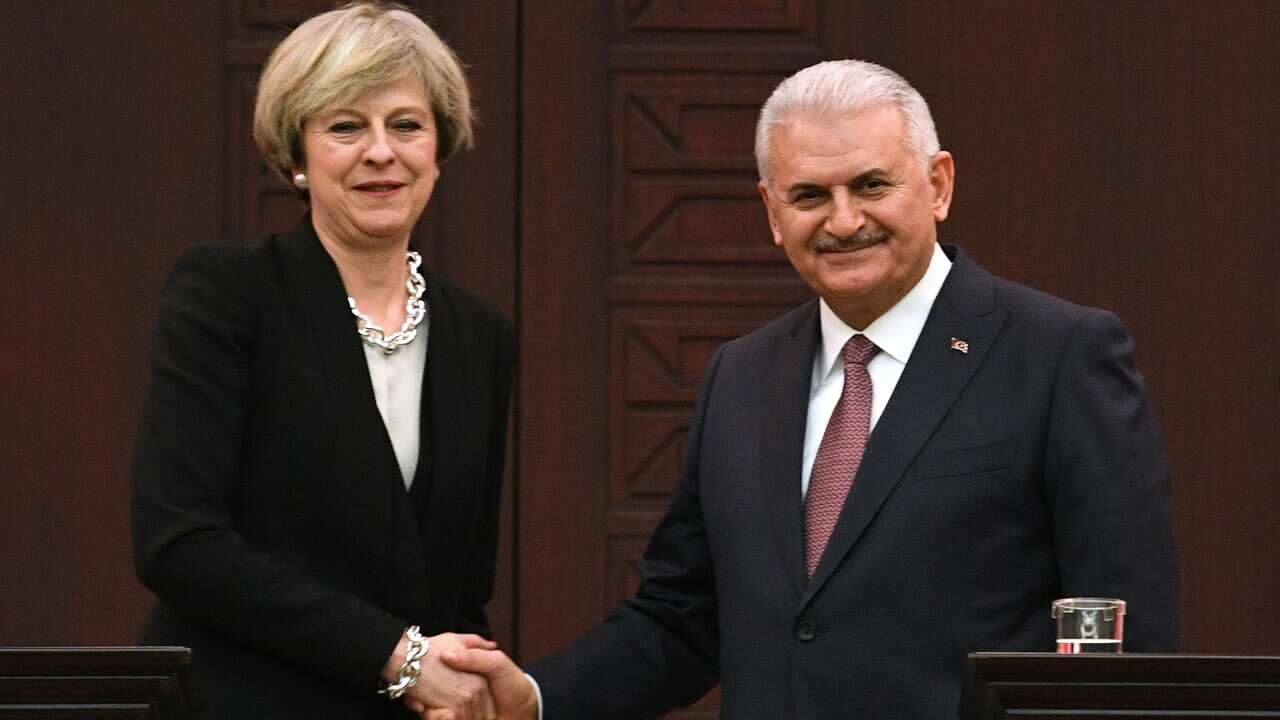 Prime Minister Theresa May at a press conference in Ankara, Turkey with the Turkish Prime Minister Binali Yildirim.