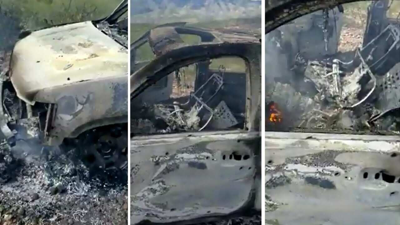 A photo combo showing one of the vehicles attacked by an armed group and in which several children were traveling, in Bavispe, Mexico, 04 November 2019