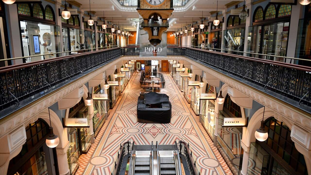 The Queen Victoria Building is seen in Sydney, Wednesday, April 1, 2020. Most of the shops in the usually busy cbd shopping centre are closed due to the coronavirus pandemic. (AAP Image/Dan Himbrechts) NO ARCHIVING
