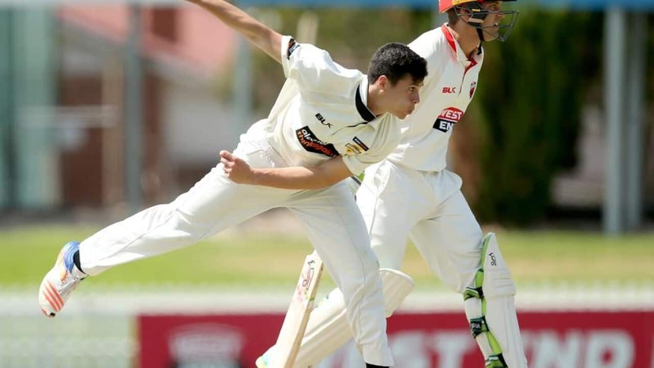 WA paceman Liam Guthrie bowls in the Sheffield Shield against SA.