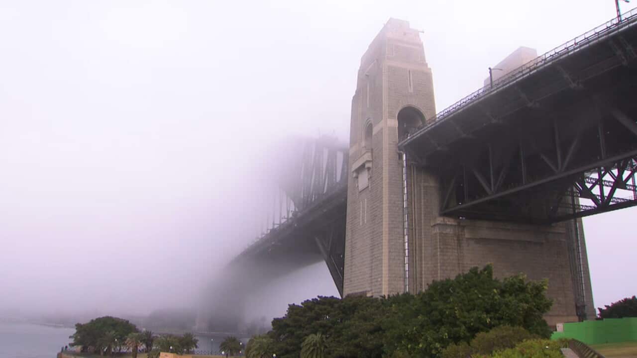Sydney Harbour Bridge blanketed by fog.