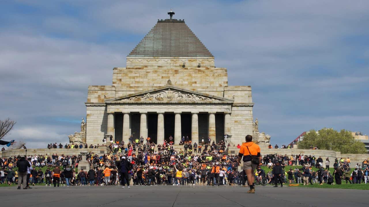 Protesters gather at the Shrine of Remembrance in Melbourne, 22 September, 2021.