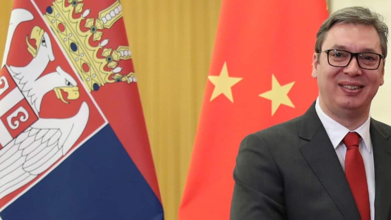 BEIJING, CHINA - APRIL 25: Serbian President Aleksandar Vucic, left, shakes hands with Chinese President Xi Jinping, right, before the meeting at the Great Hall of People in Beijing, China on April 25, 2019. credit: Kenzaburo Fukuhara/Kyodo News - Po
