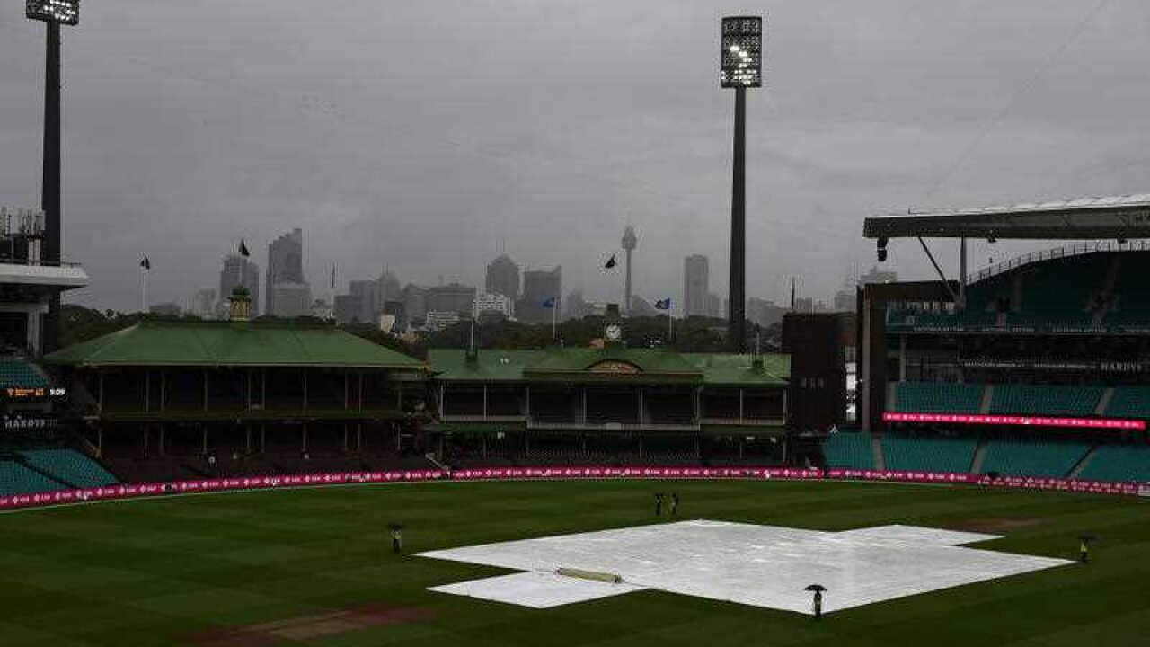The SCG is seen as rain continues to fall on the fourth day of the third Test between Australia and the West Indies at the Sydney Cricket Ground in Sydney on Wednesday,